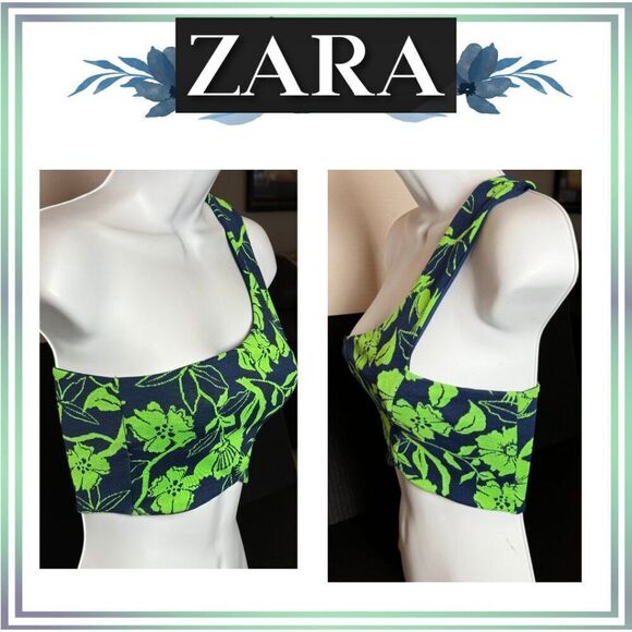 ZARA NWT - One-shoulder Tropical Summer Midriff Navy/Lime Crop-Top  Small - Picture 1 of 4